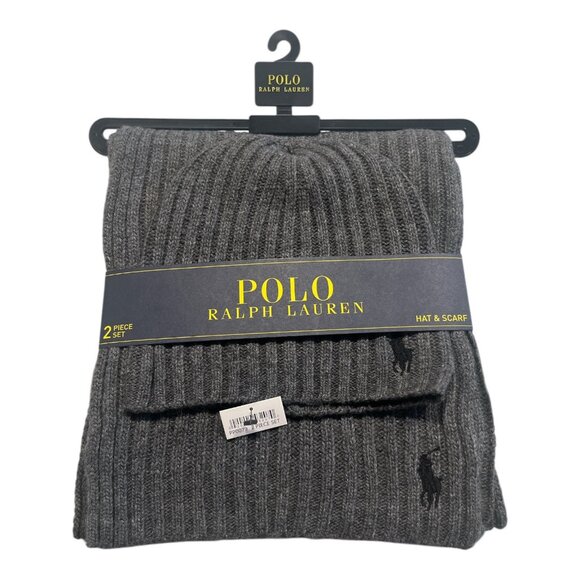 Polo Ralph Lauren Scarf and Beanie Gray Wool Blend 2 Piece Set NWT - Picture 1 of 4